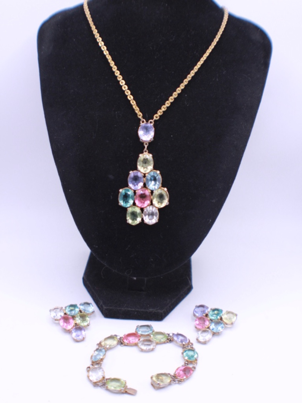 Vintage 1930s Czech Glass Crystal Fruit Salad Necklace Bracelet Dress Clip Set